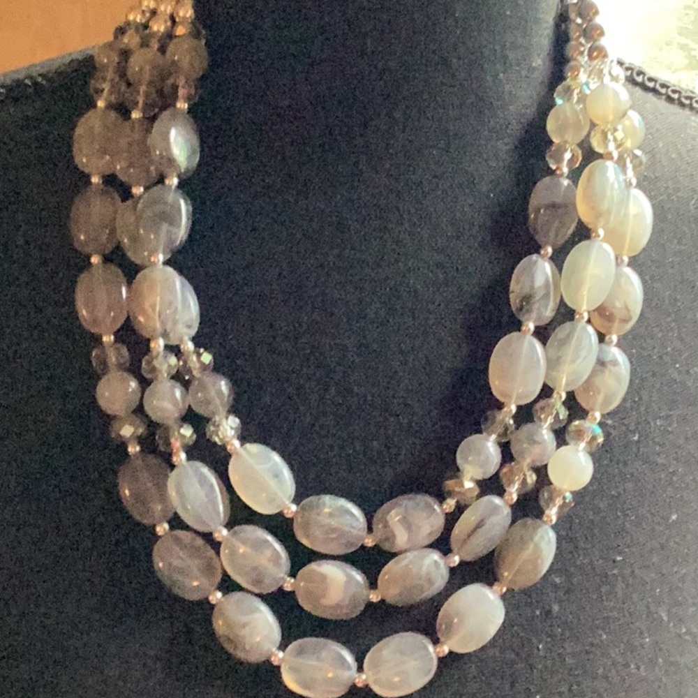 Triple strand acrylic beads with crystals and silver beads